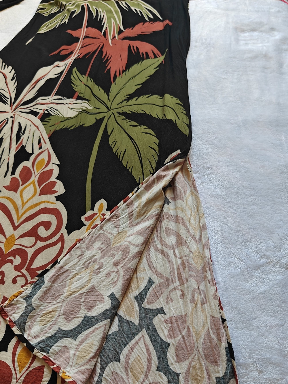 MSK Black Halter Maxi Dress with Tropical Green & Rust Print Rayon L - Picture 4 of 8